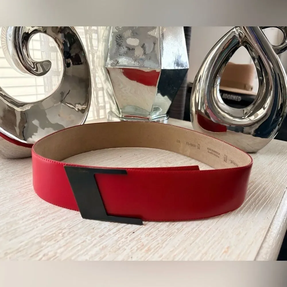 VTG Pierre Cardin Red Leather Metal Buckle Wide Belt Size 75